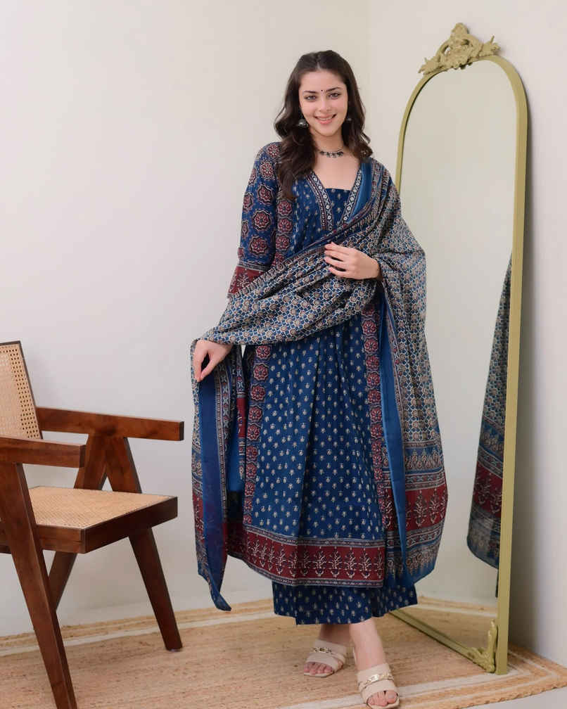 GoSriKi Women's Viscose Rayon Anarkali Printed Kurta with Pant & Dupatta | NAKULA | Blue - S GoSriKi Women's Viscose Rayon Anarkali Printed Kurta with Pant & Dupatta | NAKULA | Blue - S