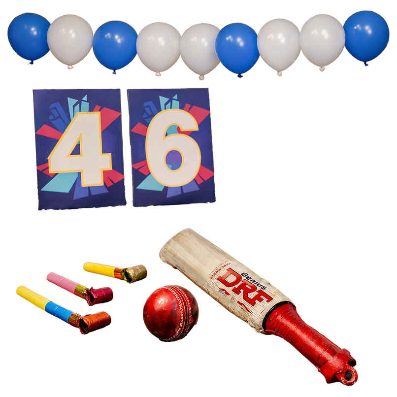 Cricket Match Party Decor Kit | 25 Balloons,Foil Bat & Ball, 4 & 6 Placards,Party Hooters | Propcon