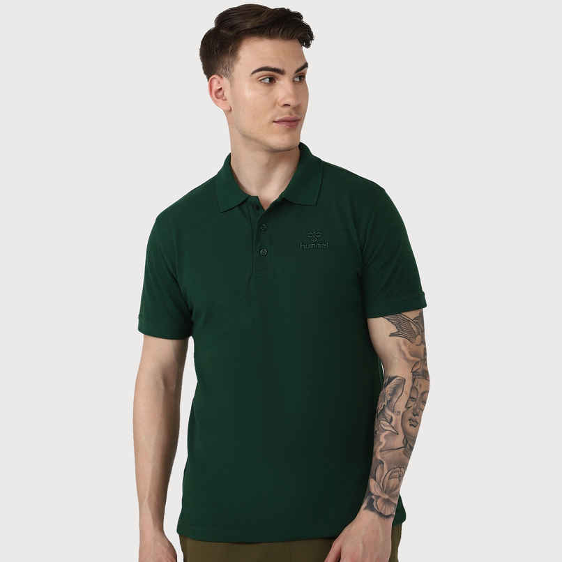 hummel Men's Dany Polo Neck Solid Regular Fit Cotton Poly T-shirt | Evergreen - XL