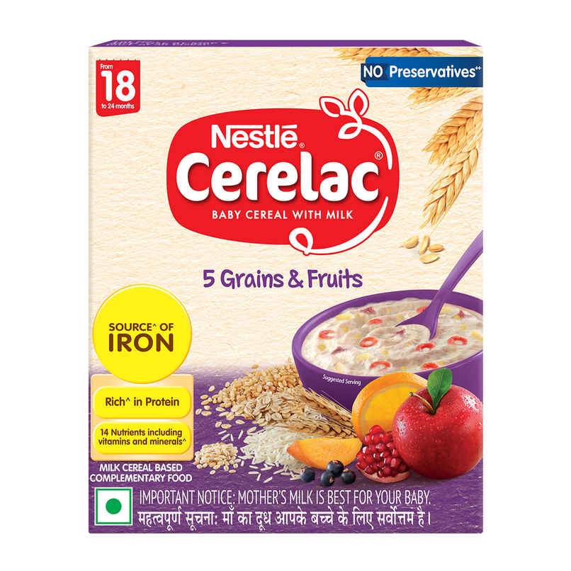 Nestle Cerelac 5 Grains & Fruits Baby Food Cereal, No Preservatives, 18 to 24 Months Baby