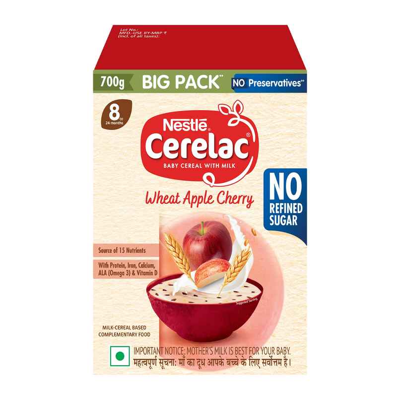 Nestle Cerelac Wheat Apple Cherry Baby Food Cereal,No Refined Sugar, No Preservatives,8 - 24 Months