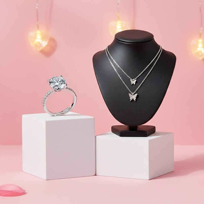 Labelshe Silver Plated Huge Cz Solitaire Adjustable Ring (1pc) & Estailo Fashion Women'S Jewellery Necklace & Pendants Silver Os (1pc) Combo Labelshe Silver Plated Huge Cz Solitaire Adjustable Ring (1pc) & Estailo Fashion Women'S Jewellery Necklace & Pendants Silver Os (1pc) Combo