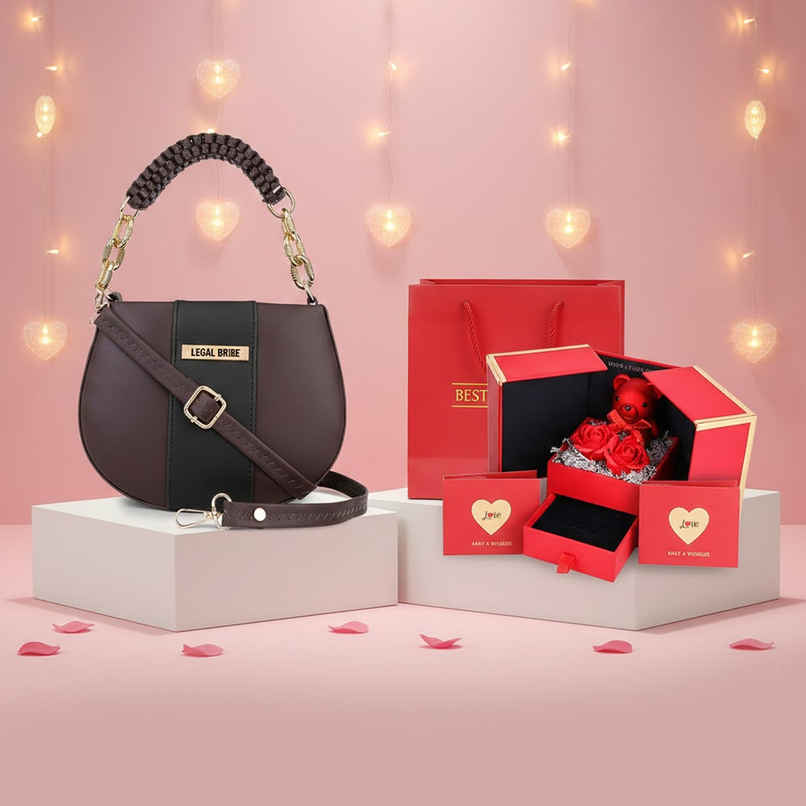 Legal Bribe Women'S Knitted Handle Sling Bag  Brown (1pc) & Beautynx Cute Teddy Love Jewellery Box (1pc) Combo