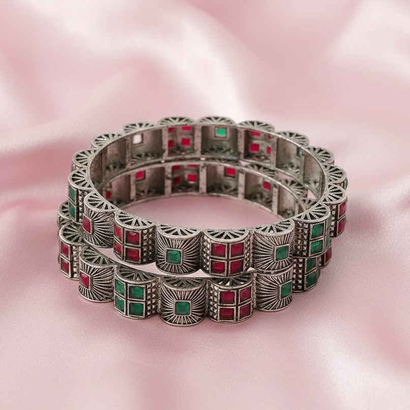 Sukkhi Silver Oxidised Rhodium Plated Red & Green Broad Bracelet Bangle Set Jewellery - 2.6