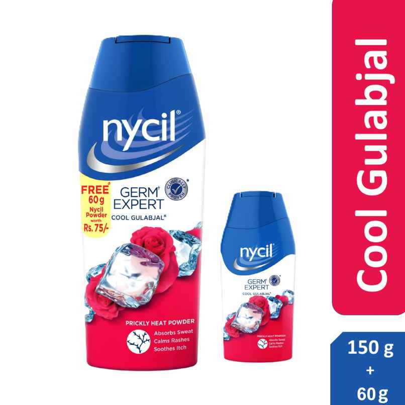 Nycil Germ Expert Prickly Heat Powder Cool Gulabjal, (Get Cool Gulabjal 60 g Free)