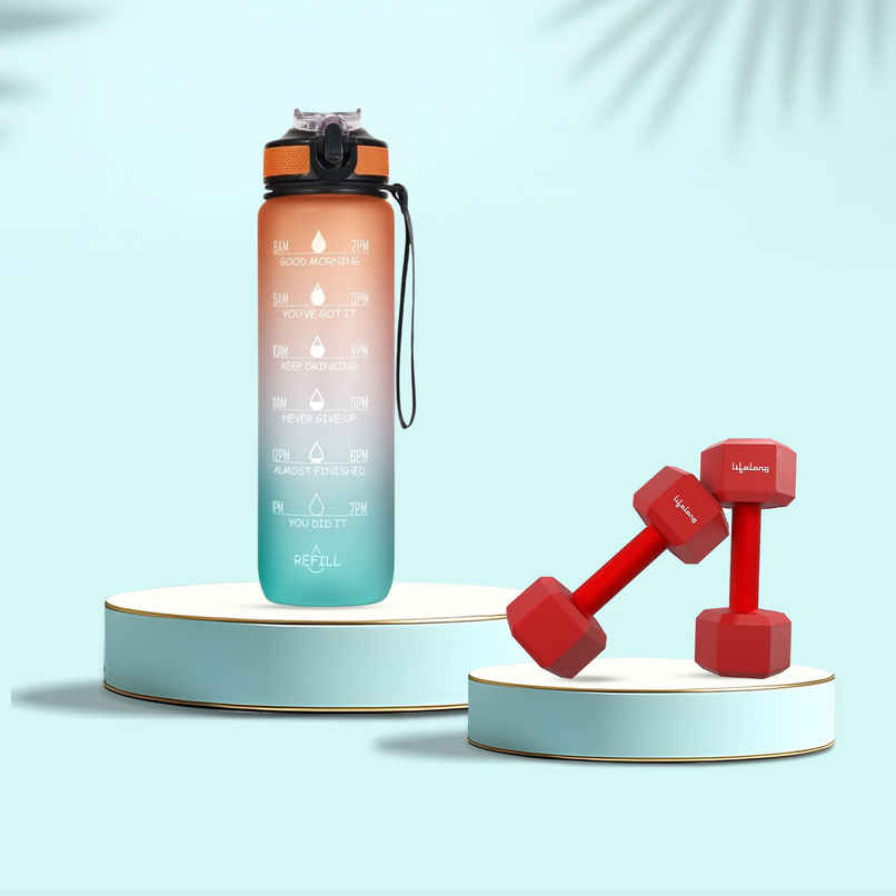 Solara Motivational Water Bottle 1 Liter For Travel, Office, School, Gym, Sipper Bottle-Orange Teal (1pc) & Lifelong Pvc Hex Fixed Dumbbells Pack Of 2 (1Kg*2) |Red Color|Home Gym|Fitness Barbell|Home Workout (1pc) Combo