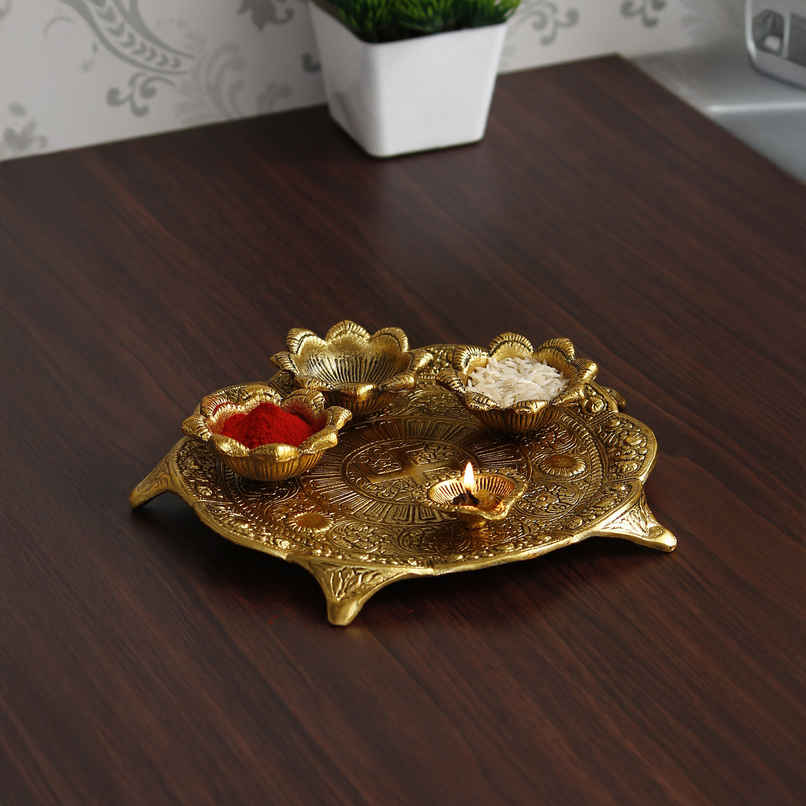 Golden Metal Swastik Designer Pooja Thali with 3 Bowls and 1 Diya | Ecraftindia