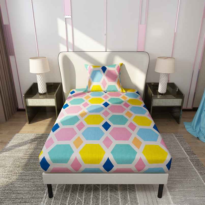 Dream Care Single Velvet Vista Geometric Bedsheet | With 1 Pillow | Multicolor | 88 x 60 in