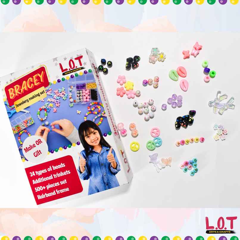 DIY Jewellery Making Kit, 24 Beads, 6 Free Trinkets, Make bracelets, Hairbands and more (Bracey - Alpha)