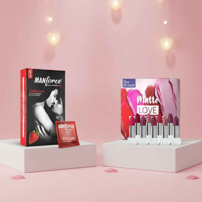 Blue Heaven Matte Love Long Lasting Hydrating Mini Lipsticks (130g) & Manforce Xotic Extra Dotted Strawberry Flavoured Condoms (10pc) Combo