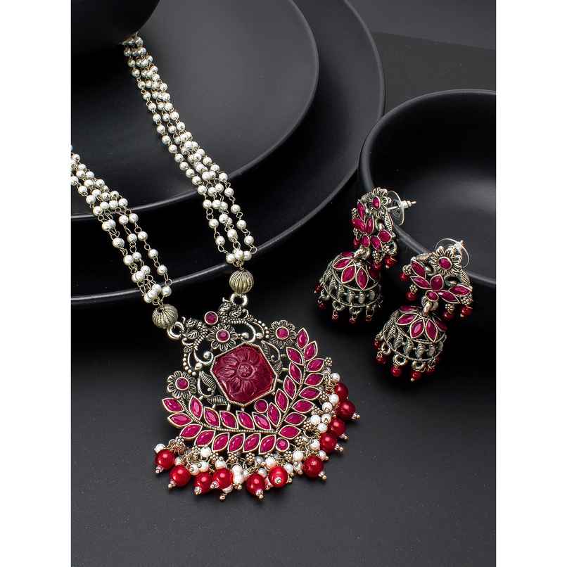 Aadita Oxidized Silver Necklace with Pearl Mala - Antique Boho Tribal Jewelry for Women & Girls