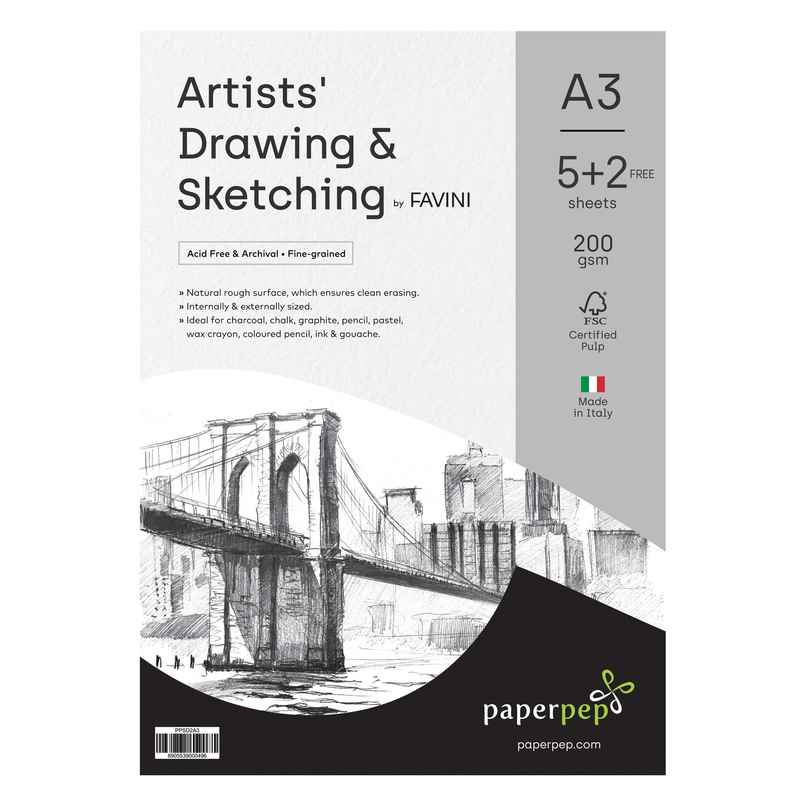 PaperPep Artists' Sketching & Drawing Paper 200GSM A3 Pack of 7 Sheets