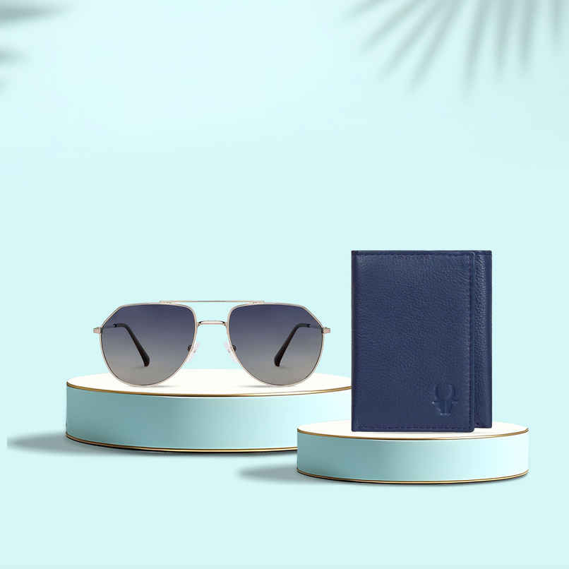 Wildhorn Men'S Leather Wallet | Blue (1pc) & Vincent Chase By Lenskart Unisex Solid Metal Aviator Sunglasses | Black And Gold - L (1pc) Combo