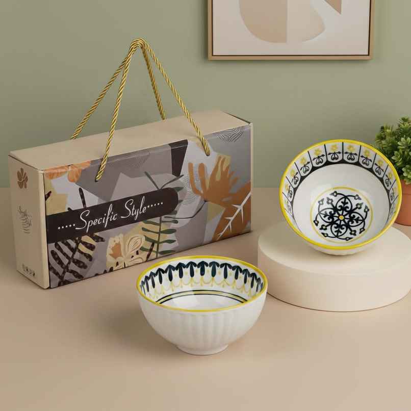 The Earth Store Yellow Floret Ceramic Bowl Set | Microwave & Dishwasher Safe | 300 ml The Earth Store Yellow Floret Ceramic Bowl Set | Microwave & Dishwasher Safe | 300 ml