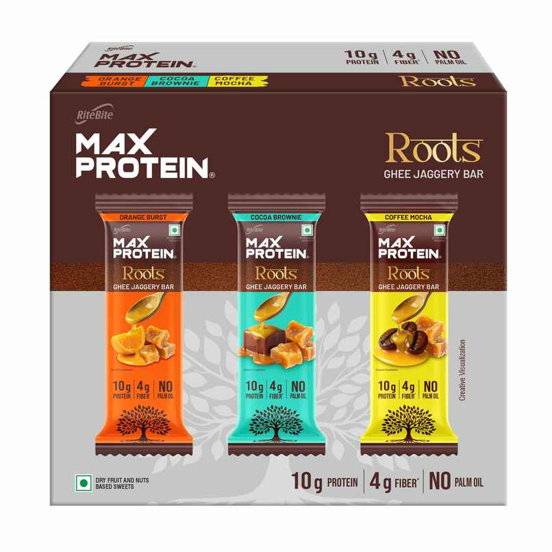 Max Protein Roots Ghee Jaggery 10g Protein Bars | Assorted | No Palm Oil | 4g Fiber