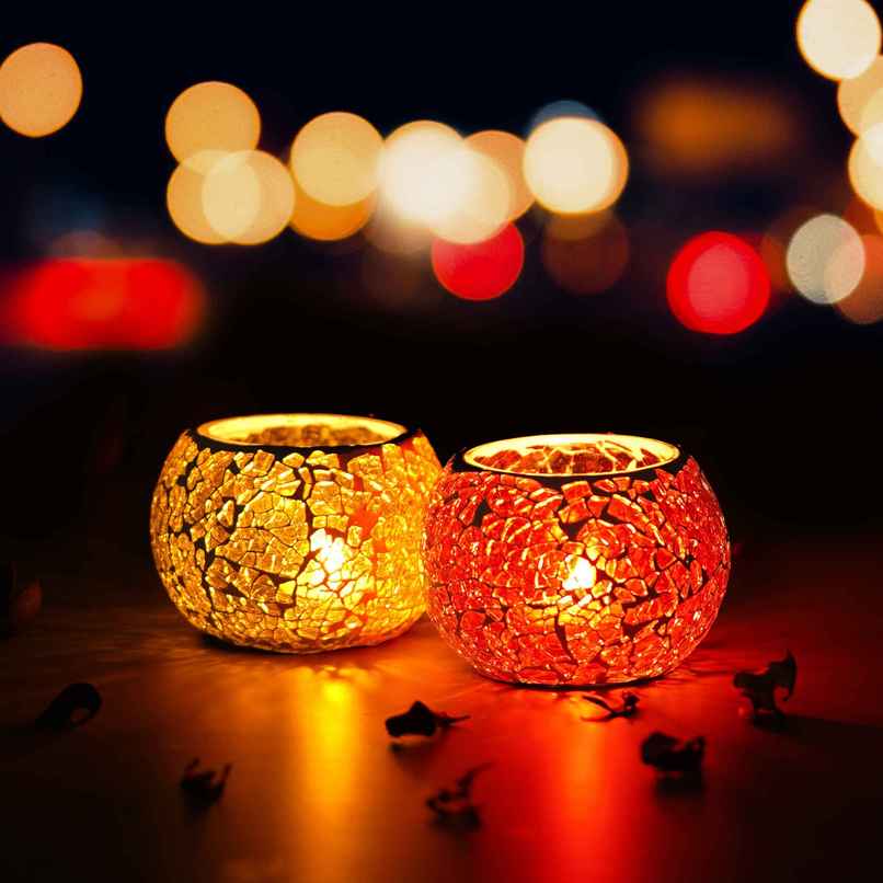 eCraftIndia Yellow & Red Set of 2 Mosiac Glass Decorative Tea Light Holder/diya eCraftIndia Yellow & Red Set of 2 Mosiac Glass Decorative Tea Light Holder/diya
