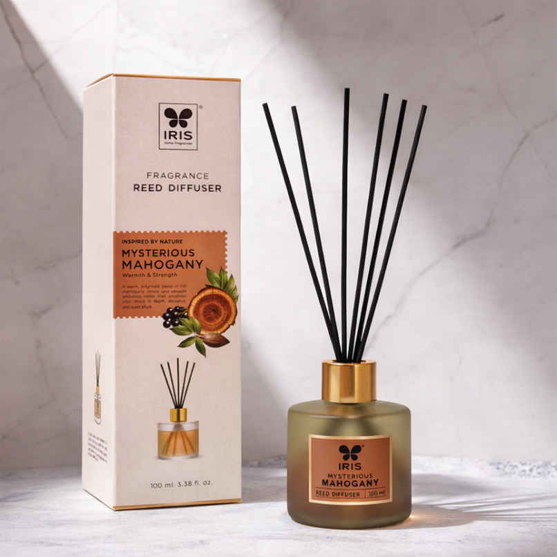 IRIS Mysterious Mahagony Frosted Glass Reed Diffuser Set | Oil and 5 Fibre Reed sticks