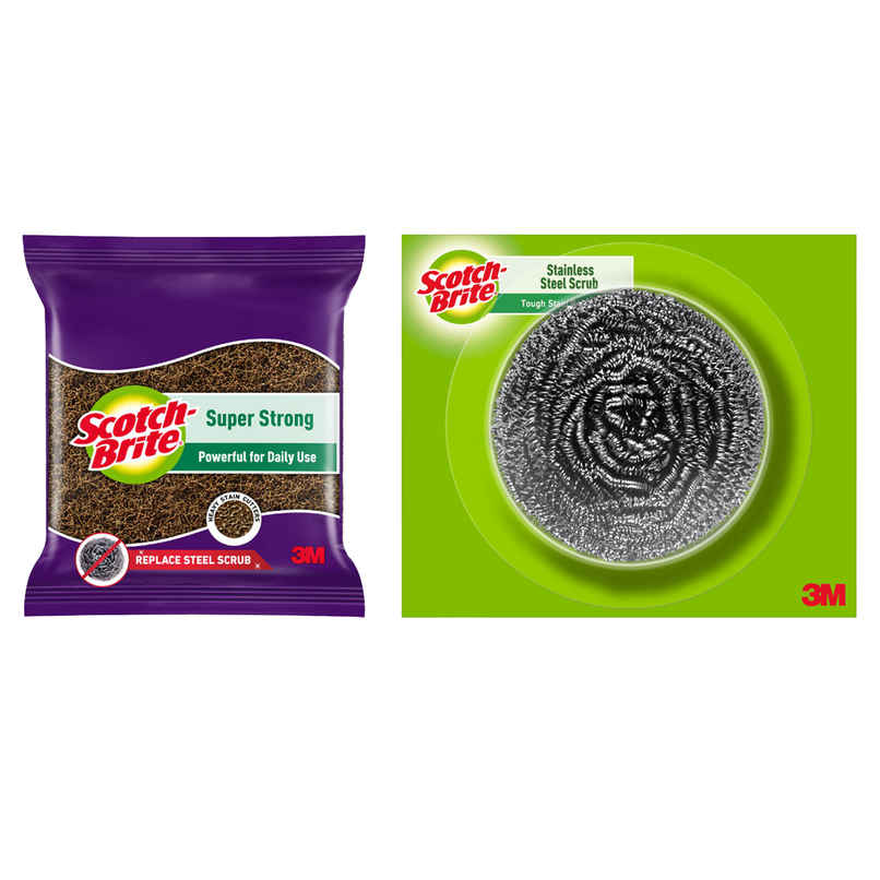 Scotch-Brite Super Strong Scrub Pad For Tough Stains (Replacement To Steel Scrubber For Kitchen) (1pc) & Scotch-Brite Chakra Stainless Steel Scrubber (1pc) Combo