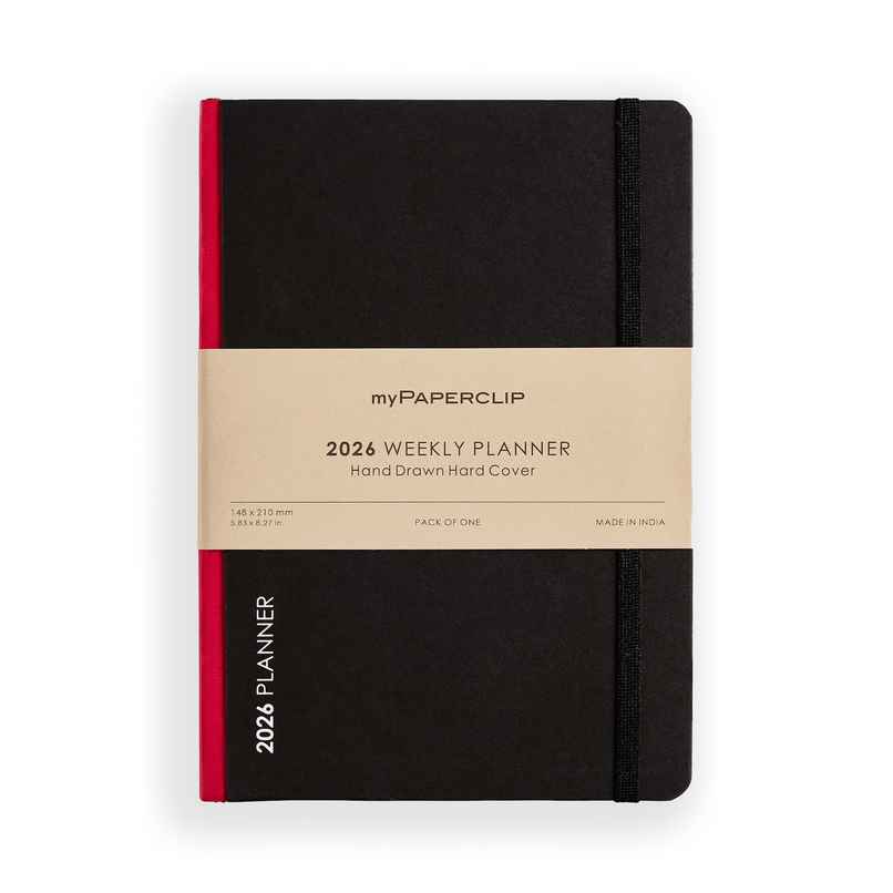 myPAPERCLIP 2026 Weekly Planner | Hard Cover | Black With Red Spine | A5 Size