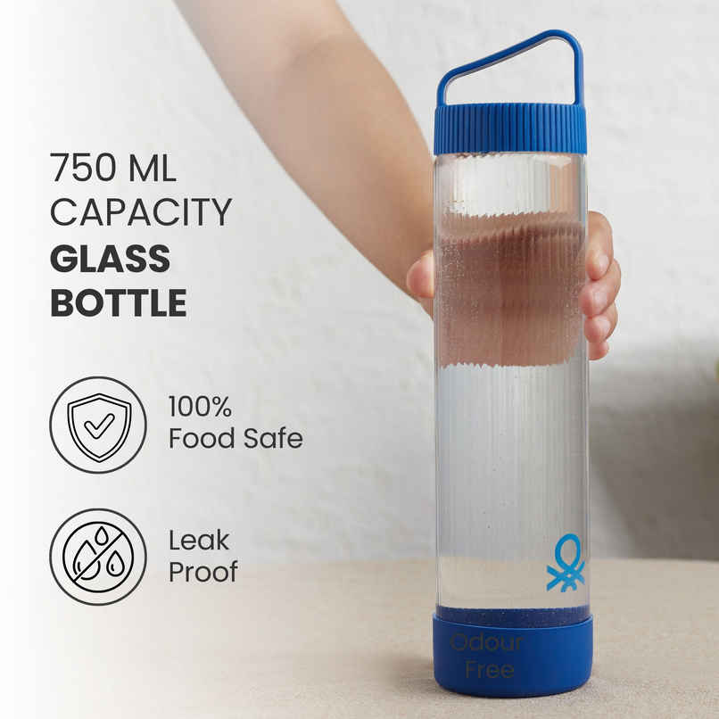 United Colors of Benetton Glass Water Bottle Silicone Base Leakproof BPA Free Durable