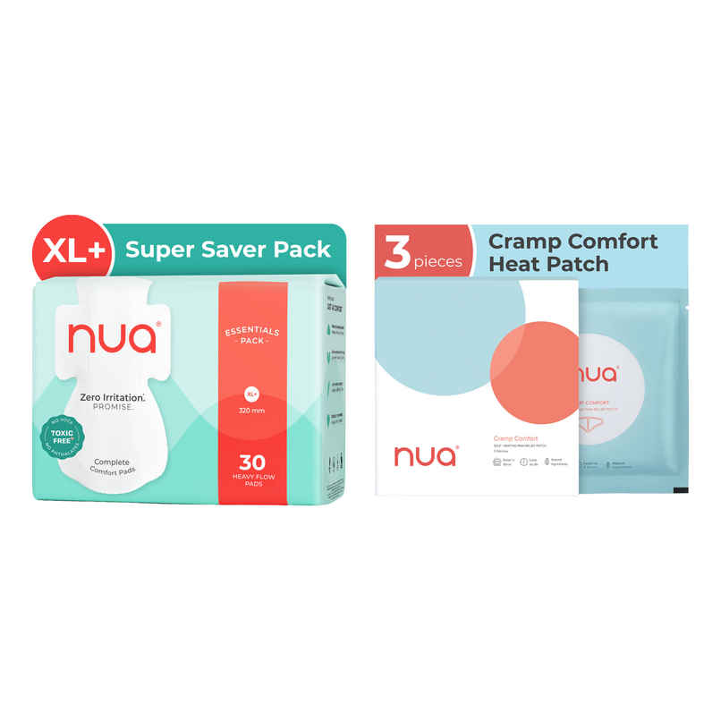 Nua Complete Comfort Sanitary Pads For Heavy Flow| 30 Xl+ (30pc) & Nua Cramp Comfort Heat Patches For Period Pain (3pc) Combo Nua Complete Comfort Sanitary Pads For Heavy Flow| 30 Xl+ (30pc) & Nua Cramp Comfort Heat Patches For Period Pain (3pc) Combo