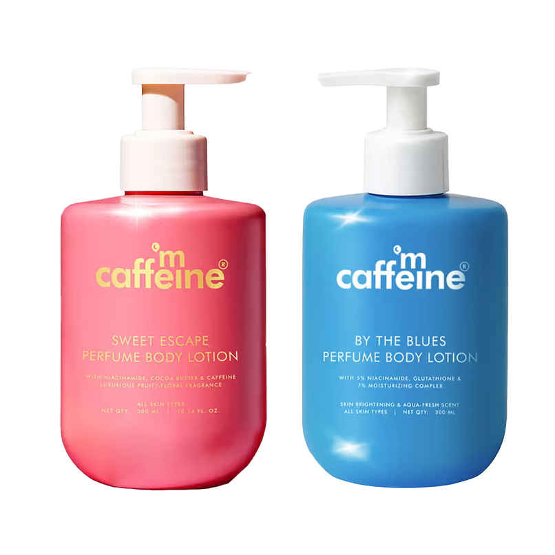 Mcaffeine Sweet Escape Perfume Body Lotion With Niacinamide - Cocoa Butter| Fruity-Floral Fragrance (300g) & Mcaffeine By The Blues Brightening Perfume Body Lotion 5% Niacinamide- Longlasting Aquatic Scent (300ml) Combo