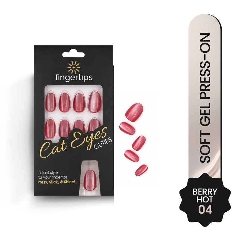 Fingertips Cat Eye Press-On Nails Soft Gel Glossy Reusable Full Cover Artificial Nails - Berry Hot