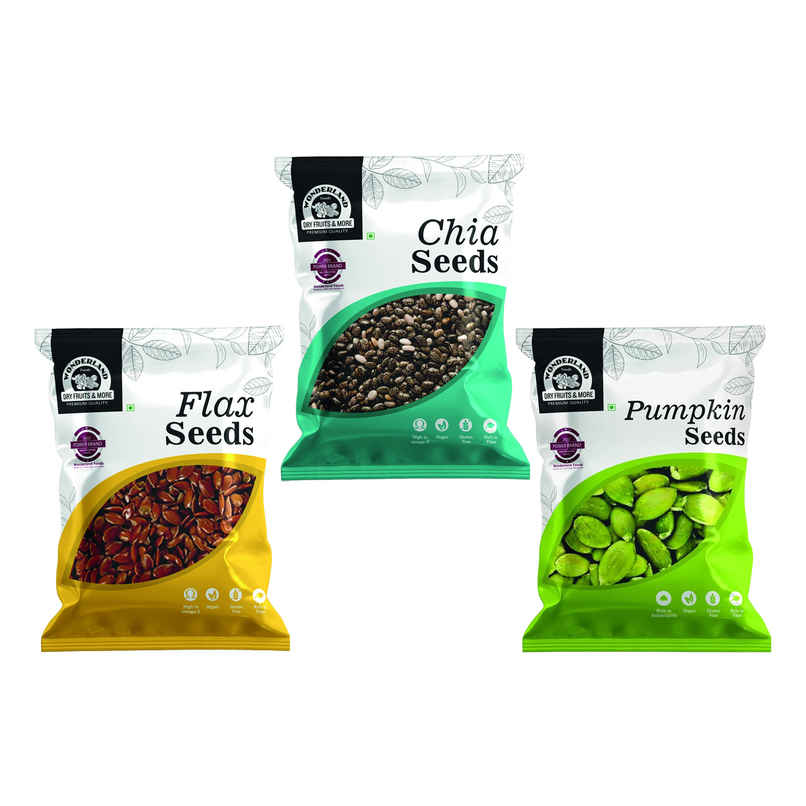 Wonderland Foods Flax Seeds (100g) & Wonderland Foods Chia Seeds (100g) & Wonderland Foods Pumpkin Seeds (100g) Combo