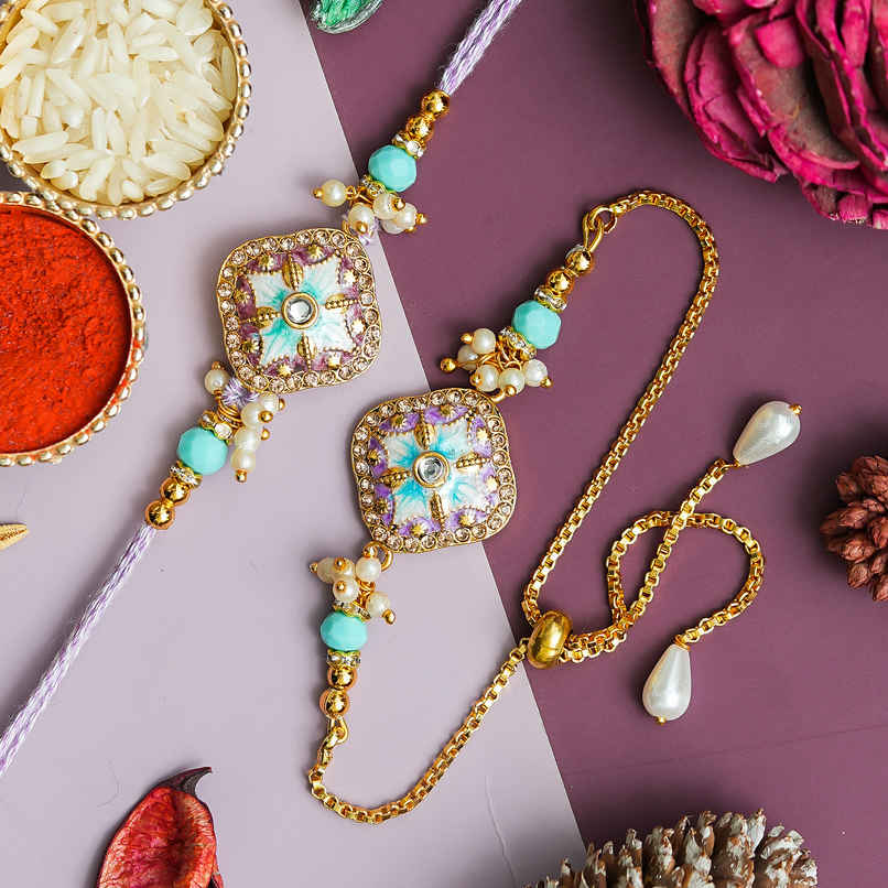 Bhaiya Bhabhi Lumba Rakhi | Floral Designer | Includes Roli Chawal | Pack of 2 | Ecraftindia Bhaiya Bhabhi Lumba Rakhi | Floral Designer | Includes Roli Chawal | Pack of 2 | Ecraftindia