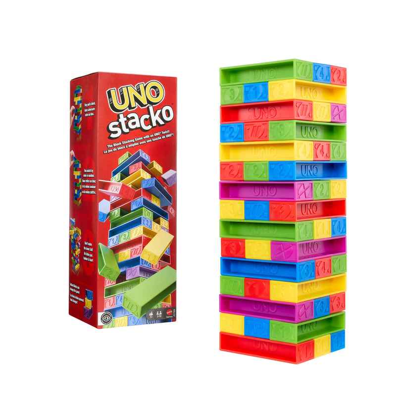 UNO Stacko Game for Kids and Family with 45 Colored Stacking Blocks and Tray