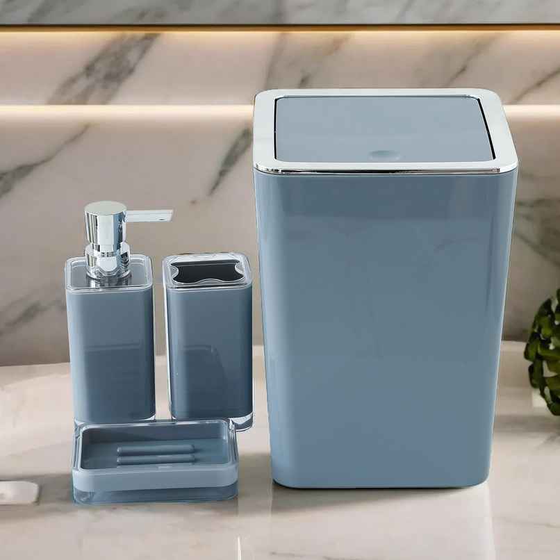 UMAI Bathroom Accessory Set | ABS Material Durable and Lightweight | Soap Dispenser | Toothbrush Holder | Soap Dish Tray | Dustbin | Grey