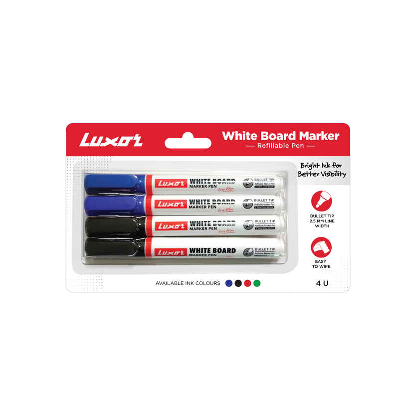 Luxor Whiteboard Marker Pack of 4 | 2 Blue Plus 2 Black | Classroom Essential