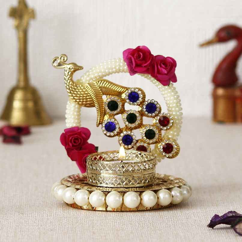 eCraftIndia Metal Peacock With Stones Handcrafted Tea Light Holder