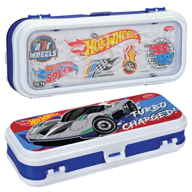 PRATAP Hy School Game Pencil Box 3 Balls in a Maze Game | 2 Compartment | Blue & White | Hot Wheels