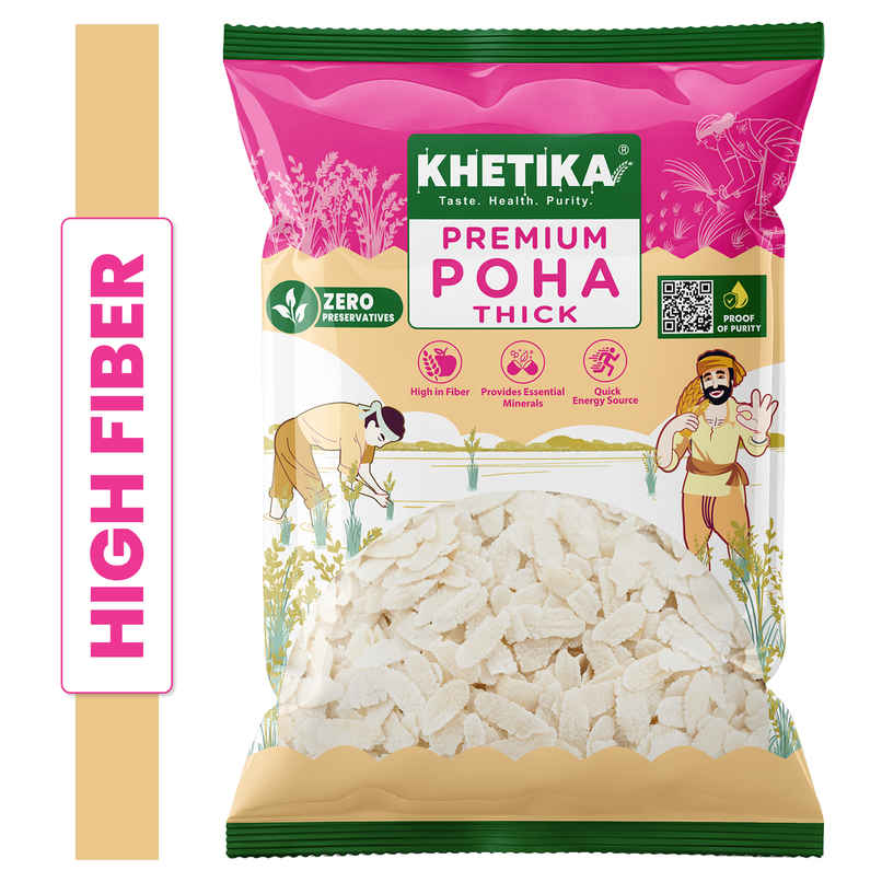 Khetika Premium Thick Poha (Flattened Rice) | High in Fiber | Zero Preservatives