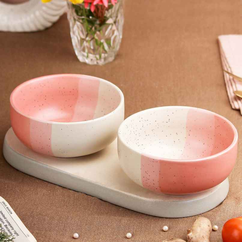The Earth Store TT Pink Matte 2Pc Ceramic Bowl Gift Set, 500 ml Each Microwave Safe, Snack Serving