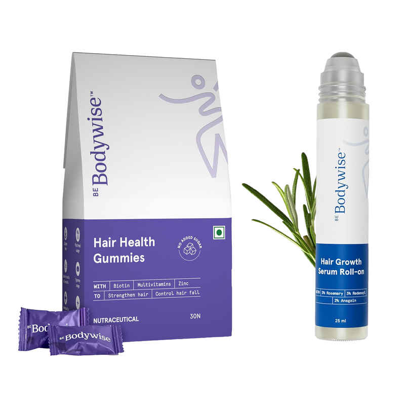 Be Bodywise 30 Mcg Biotin Hair Gummies | Stronger Hair & Nails (1pc) & Be Bodywise 3% Rosemary Hair Growth Serum Roll-On (25ml) Combo Be Bodywise 30 Mcg Biotin Hair Gummies | Stronger Hair & Nails (1pc) & Be Bodywise 3% Rosemary Hair Growth Serum Roll-On (25ml) Combo