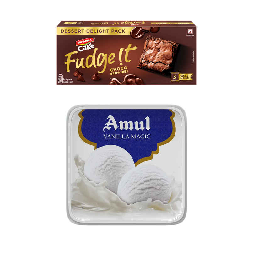 Britannia Fudge It Chocolate Brownie (With Egg) (120g) & Amul Vanilla Magic Ice Cream Tub (1L) Combo