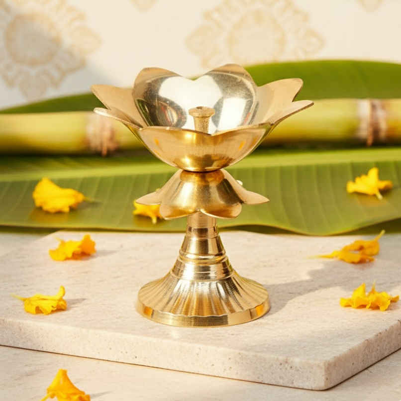 Lotus Shaped Akhand Diya | Golden | Traditional | Brass | ServDharm