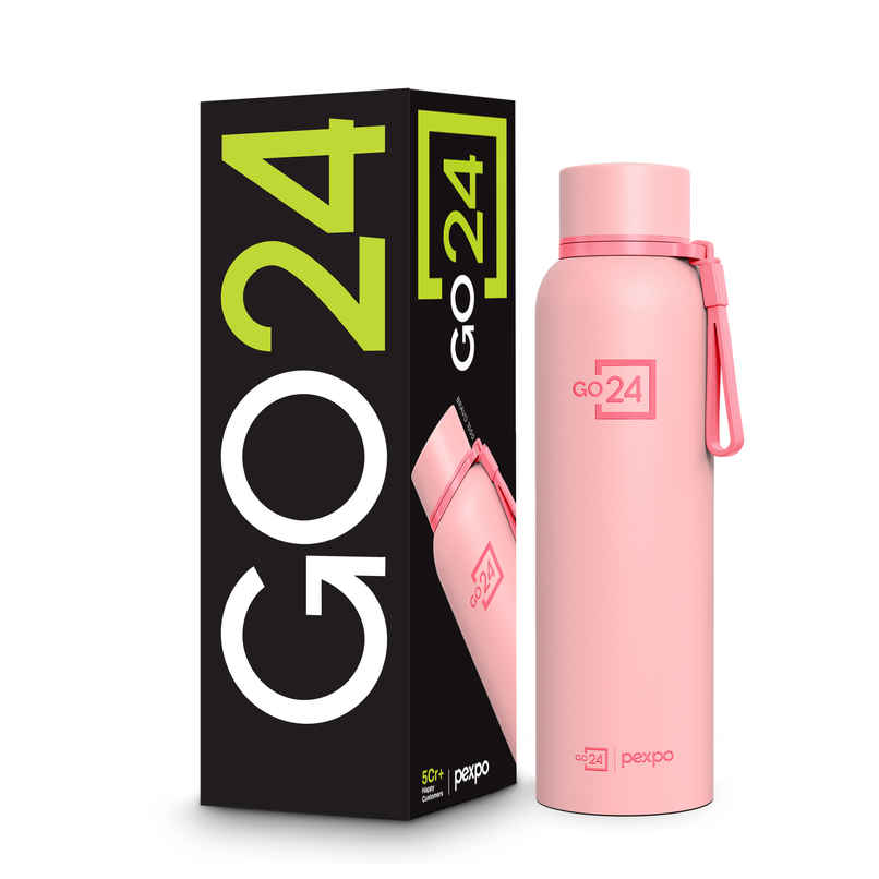 Go24 Bravo Stainless Steel Thermos Bottle | Baby Pink | ISI Certified | 24-Months Warranty