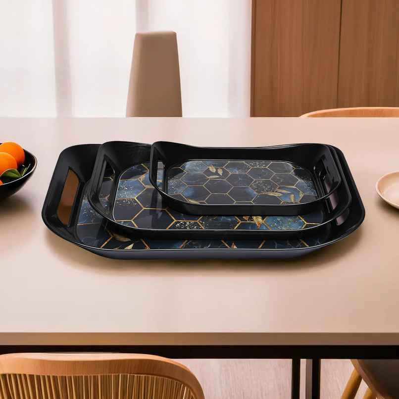 Kuber Industries 3-Piece Nested Serving Tray Set | Hexagon | Black