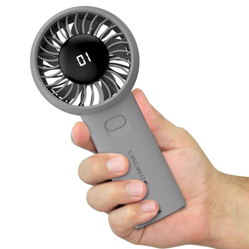 Zebronics Heat Buster 200 Grey Fan | 12H Backup, 3600Mah, 5-Speed, 5.9M/S Airflow, Led Display
