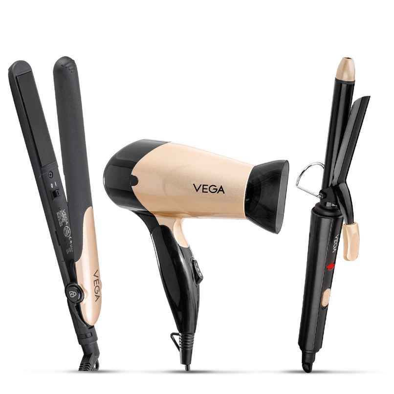 Vega Miss Versatile Styling Set Straightener, Curler & Dryer Gift Combo for Women, (VHSS-03), Black