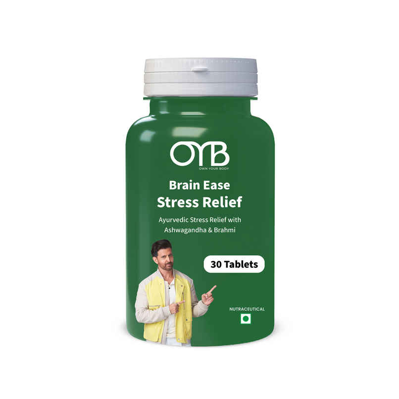 OYB Brain Ease Stress Relief with Ashwagandha & Brahmi for Calm Mind, Focus & Anxiety | 30 Tablets