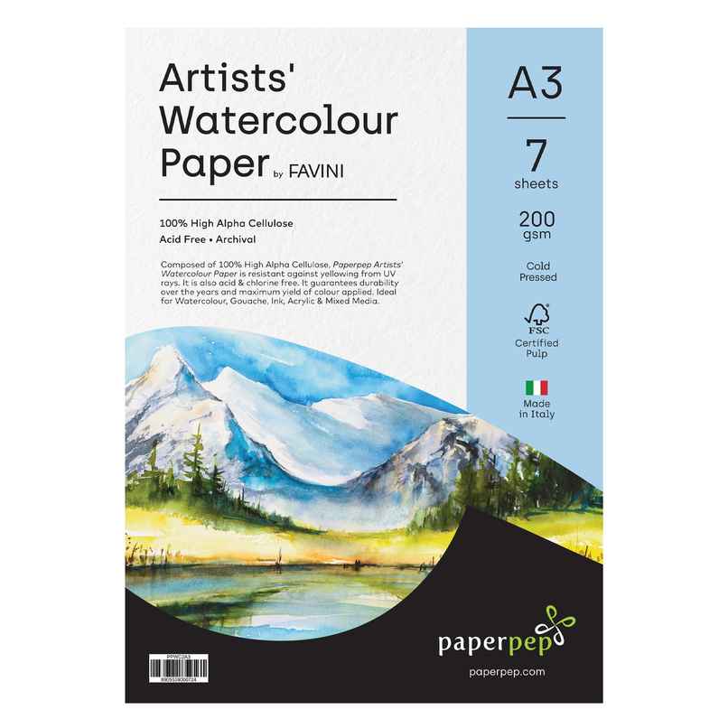 PaperPep Artists' Watercolour Paper 200GSM Cold Pressed A3 Pack of 7