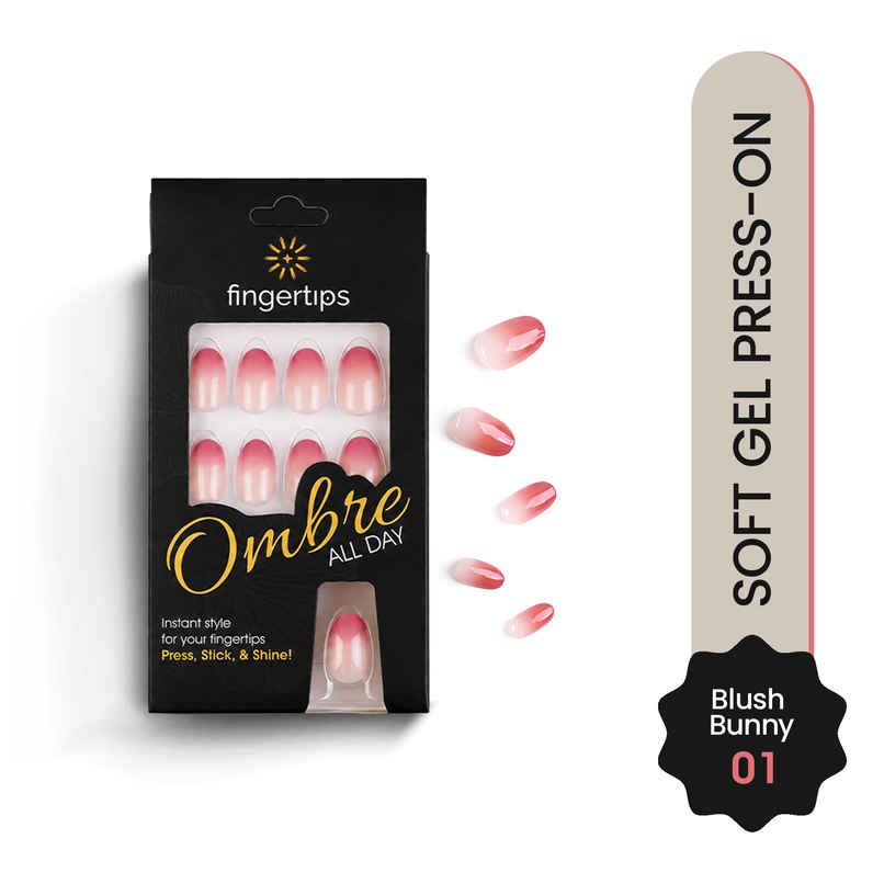 Fingertips Ombre Press-On Nails Glossy Soft Gel Reusable Full Cover Artificial Nails - Blush Bunny