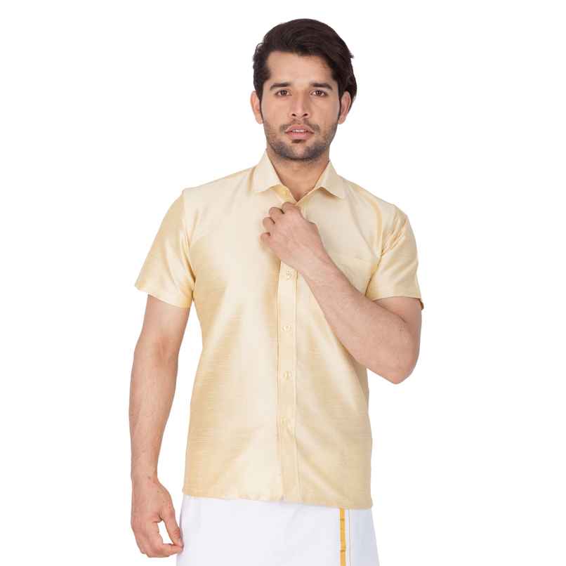 Vastramay Mens Silk Blend Casual Shirt | Golden Short Sleeve Festive Wear with Patch Pocket - M