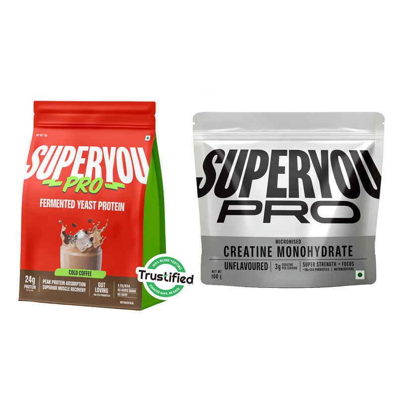 Superyou Pro Fermented Yeast Protein- Coffee | 24G Protein Per Scoop (1kg) & Superyou Pro Micronised Creatine Monohydrate | 33 Servings | Unflavoured (100g) Combo Superyou Pro Fermented Yeast Protein- Coffee | 24G Protein Per Scoop (1kg) & Superyou Pro Micronised Creatine Monohydrate | 33 Servings | Unflavoured (100g) Combo