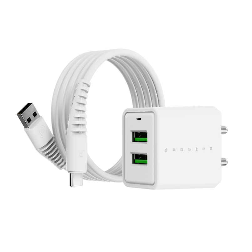 Dubstep Sprint 16W Dual USB Port Wall Charger with 1M Type-C Cable, Multi-Layer Smart Chip Protection, Fast Charging Adaptor for All iOS & Android Devices - White