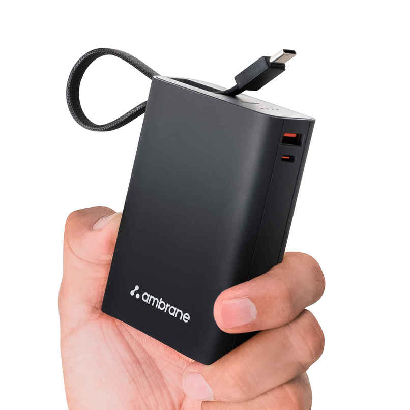 Ambrane 20000 mAh Mini Powerbank | 22.5W Fast Charge Inbuilt Type-C Cable PD | Black - Gray